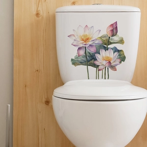 Sticker pour Toilettes Fleur de Lotus à l'Aquarelle PVC Imperméable Décalcomanie Murale Florale pour Décoration Salle de Bain