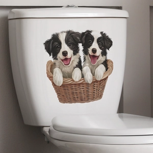 Cute puppies in basket toilet lid decal sticker for bathroom home wall decoration