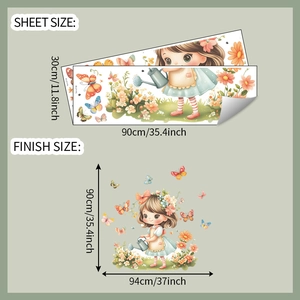 Detail showing cartoon girl wall sticker sheet size and layout for home decoration
