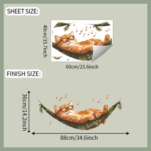 Detailed size specifications for cat hammock wall sticker with application dimensions