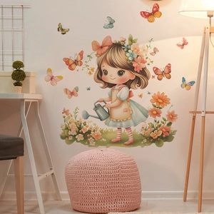 Cartoon Cute Girl Flowers Butterflies Wall Stickers PVC DIY Removable Art Decor For Kids Bedroom Living Room Background Wall Decal