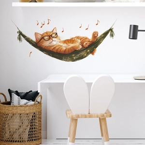 Cute orange cat in hammock wall sticker with music notes for home nursery decor