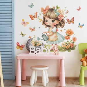 Cartoon girl and flower garden wall decals for kids bedroom nursery wall decoration