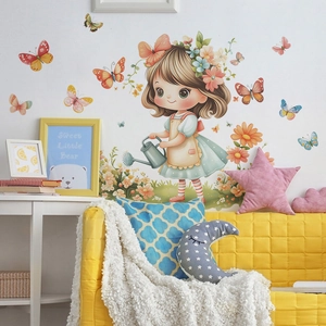 Cartoon little girl and colorful butterfly wall sticker for cozy living room decor