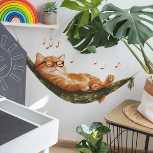 Cute sleeping ginger cat in green hammock wall sticker for bedroom and living room decor