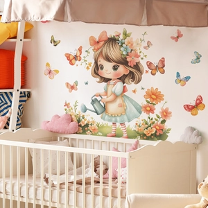 Cartoon girl with flowers and butterflies wall decal for nursery and bedroom decor