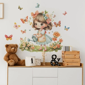 Cartoon girl watering flowers wall sticker with colorful butterflies for home decor