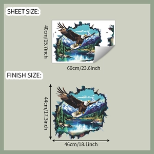 Size chart showing 60x40cm sheet and 46x44cm finished eagle 3D wall sticker dimensions