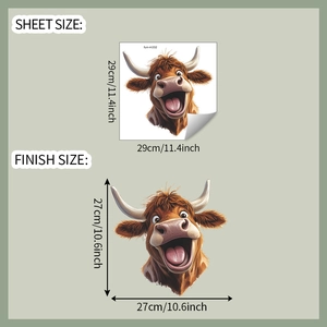 Detailed size chart showing 29x29cm sheet and 27x27cm finish size for cow toilet sticker