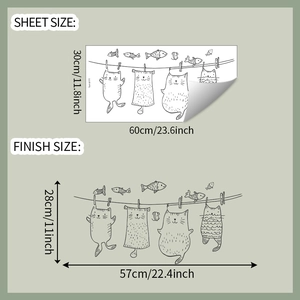 Detail of DIY cat clothesline wall sticker showing sheet size and finish layout