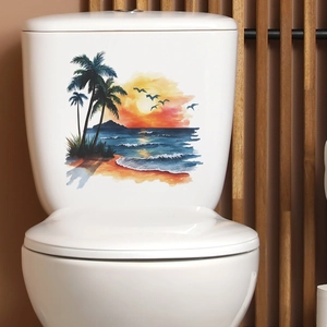 Sunset beach toilet sticker with palm trees and ocean waves on white bathroom tank