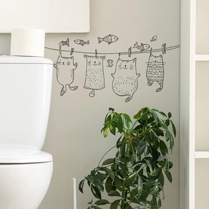 Funny cartoon cats on clothesline wall stickers for home decor and laundry room aesthetics
