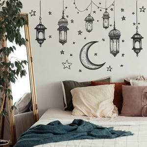 Minimalist black bohemian star and moon wall stickers with hanging lanterns for home decor