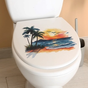 Self-adhesive tropical sunset beach toilet lid sticker with palm trees and ocean scenery