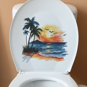 Watercolor tropical sunset toilet lid cover sticker with palm trees and beach scenery