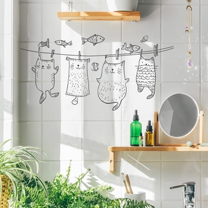 Playful black cat laundry line wall decal stickers for home background decoration