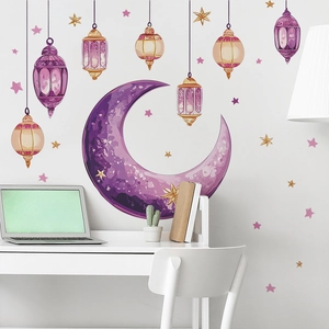 Purple moon and star wall decals with hanging lanterns for Ramadan home decor