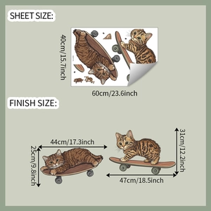 Detailed sheet size 40x60cm and individual cat on skateboard wall sticker dimensions