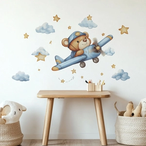 Cartoon bear flying plane wall stickers with blue clouds and stars for kids room decor