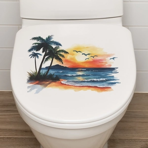Sunset beach toilet seat sticker with palm trees and ocean watercolor art decor