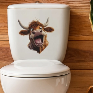 Funny laughing Highland cow sticker for toilet tank decoration on white ceramic bathroom surface
