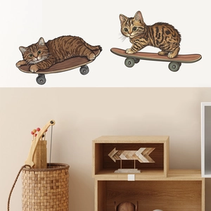 Cartoon Cat Skateboard Wall Sticker For Kids Bedroom Living Room PVC Decorative Animal Theme Removable Mural Home Decal