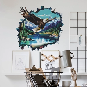 3D wall sticker featuring a soaring eagle and mountain landscape with a broken wall effect