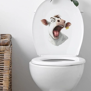 Funny cartoon cow wall sticker for bathroom decor on white toilet seat lid