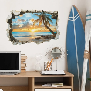 Adesivo murale 3D effetto muro rotto con vista mare tropicale al tramonto