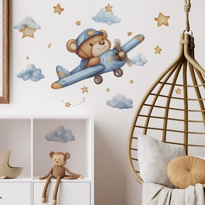 Watercolor pilot bear in blue plane wall sticker with clouds and stars for nursery