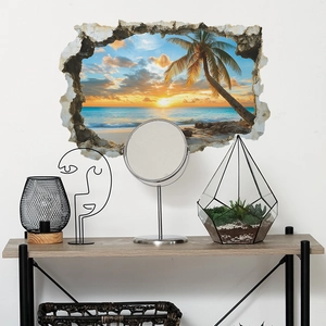 Adesivo murale 3D con tramonto sulla spiaggia tropicale tramite effetto muro rotto