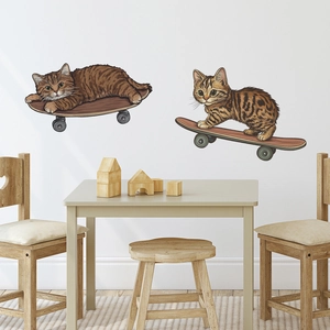Cartoon cats on skateboards wall decals for kids bedroom and living room decor