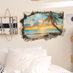 Adesivo murale 3D spiaggia al tramonto con palme e mare, effetto muro rotto decorativo
