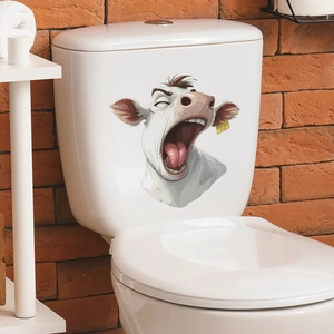 Funny cartoon cow wall sticker for bathroom decor on white toilet with retro brick background