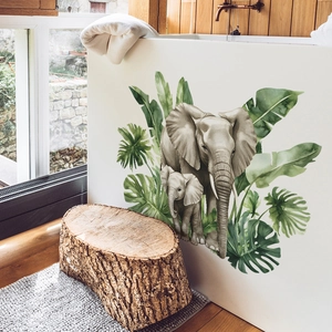 Sticker mural famille éléphants tropicaux et feuilles de jungle sur mur blanc