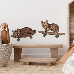 Cartoon tabby cat on skateboard wall stickers set for cozy nursery and bedroom decor