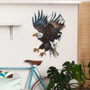 Adesivo murale 3D con aquila calva maestosa che rompe la superficie della parete bianca