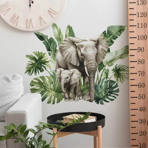Sticker mural aquarelle feuilles de jungle et éléphants pour décor de chambre enfant