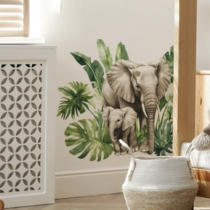 Stickers muraux éléphants et feuilles de jungle à l'aquarelle pour chambre d'enfant ou bébé