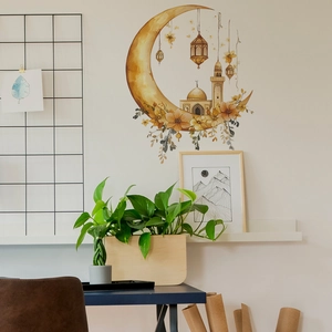 Exquisite gold crescent moon and mosque wall sticker with floral accents and lanterns