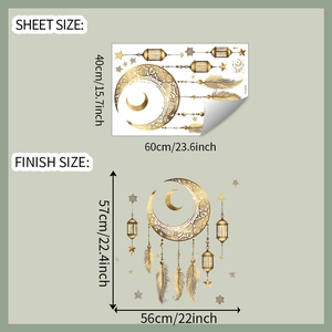 Golden moon and star wall stickers showing sheet size 40x60cm and finish size 57x56cm