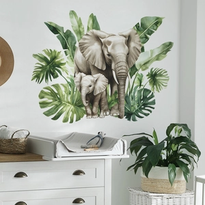 Stickers Muraux Éléphant Mère Et Bébé Jungle Tropicale à l'Aquarelle Décalcomanies de Feuilles de Jungle Amovibles en PVC pour Chambre d'Enfant