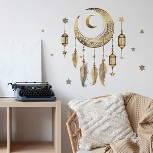 Gold bohemian wall decals with crescent moon feathers and lantern for home decoration