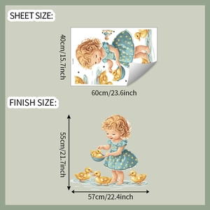 Detailed wall sticker layout with size measurements for cartoon girl and yellow ducks