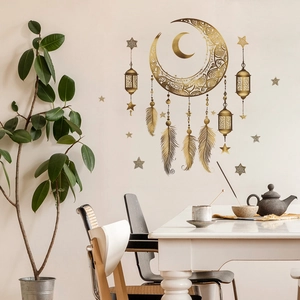 Golden Islamic wall decal set featuring mandala moon and Ramadan lanterns in dining room