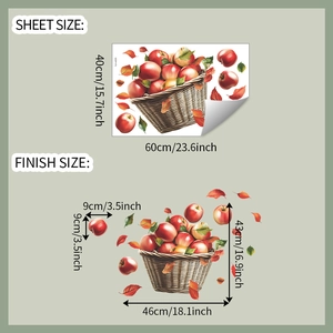 Detail view of colorful apple basket wall decals with dimensions 60x40cm and finish size