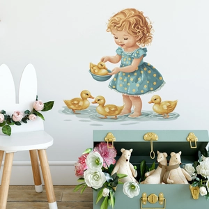 Cartoon Girl And Yellow Duck Wall Stickers Waterproof PVC Decals For Bathroom Kids Room Home Background Decoration fun-e229