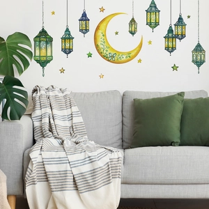 Green vintage moon and lanterns wall decal stickers for bedroom and living room decor