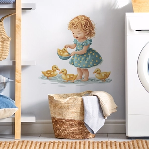 Cartoon girl and yellow ducks wall decal for home bathroom and laundry room decor