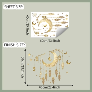 Size specifications for golden moon and feather wall decals with exotic hanging lamp patterns